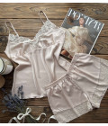 Faux silk pajamas T-shirt + shorts with lace