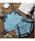 Faux silk pajamas T-shirt + shorts with lace