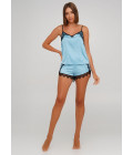 Faux silk pajamas T-shirt + shorts with lace